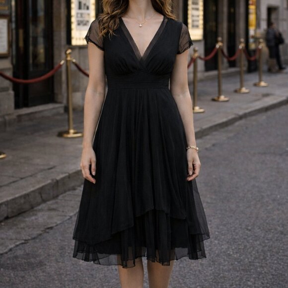 Jacqui E Dresses & Skirts - Black Swing Dress Jacqui E Australia Mesh Flowy Midi V-Neck Tulle LBD Small